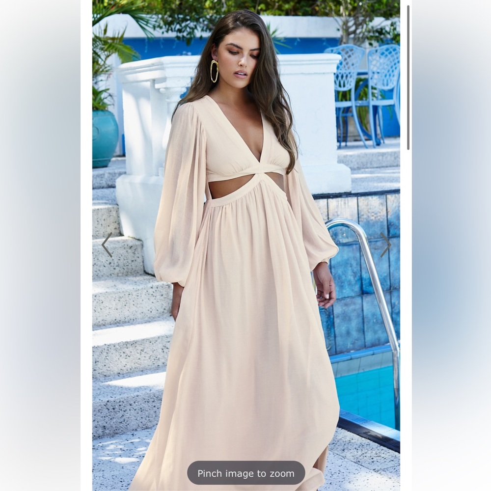 NWT SHOW PO PAIGE SIDE CUT OUT BALLOON SLEEVE MAXI DRESS IN NEUTRAL